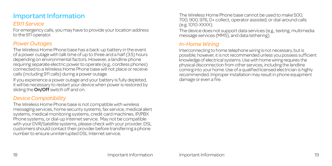 AT&T WF721 manual Important Information, E911 Service, Power Outages, Device Compatibility, In-Home Wiring 