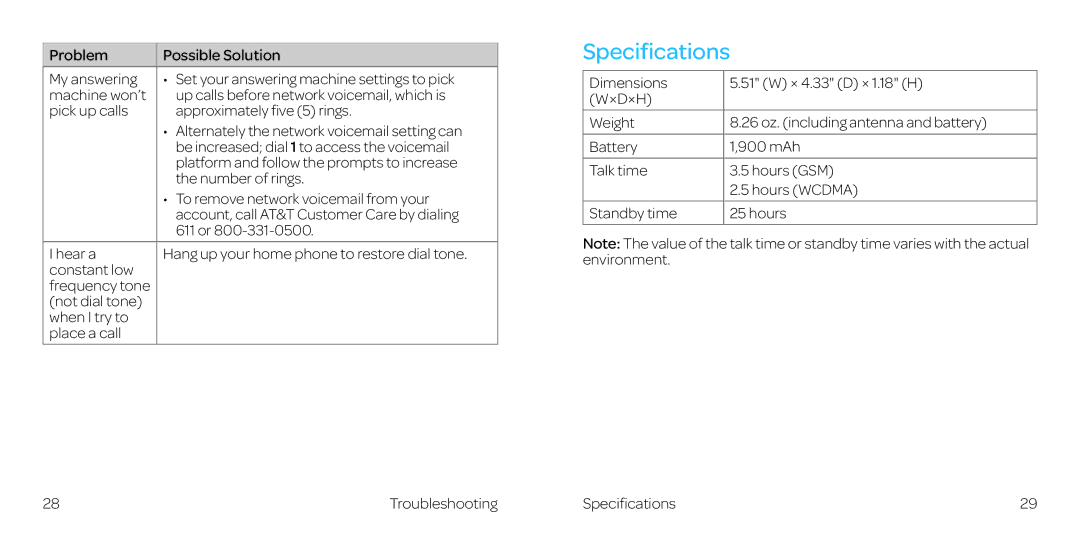 AT&T WF721 manual Specifications 