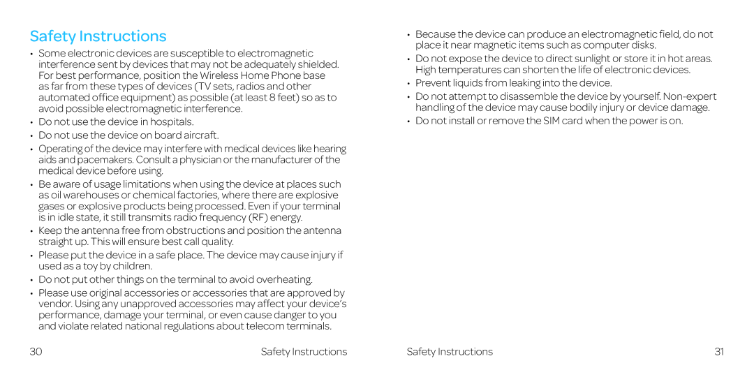 AT&T WF721 manual Safety Instructions, Prevent liquids from leaking into the device 