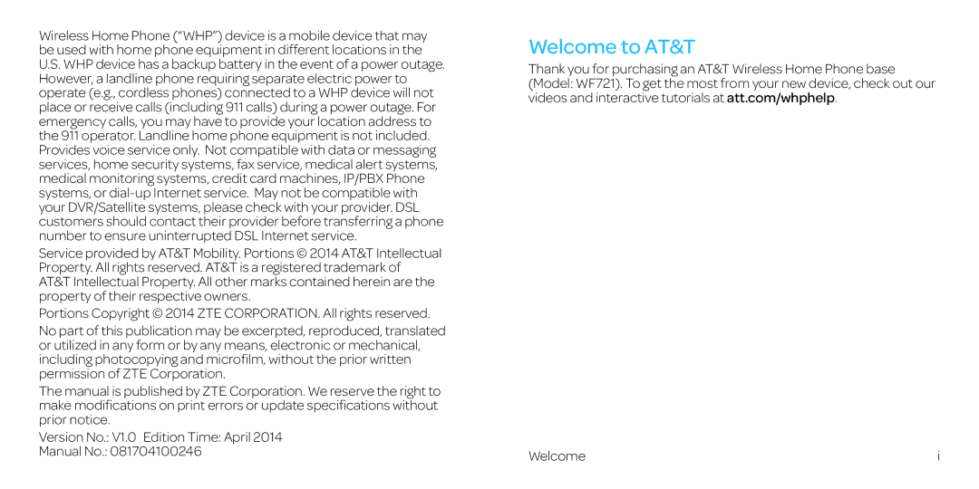 AT&T WF721 manual Welcome to AT&T 