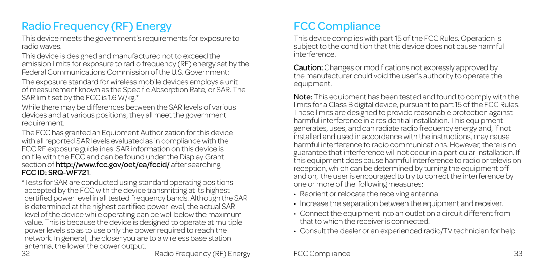 AT&T WF721 manual Radio Frequency RF Energy, FCC Compliance 