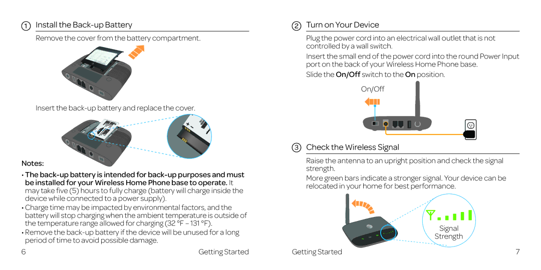 AT&T WF721 manual Install the Back-up Battery, Turn on Your Device, Check the Wireless Signal 