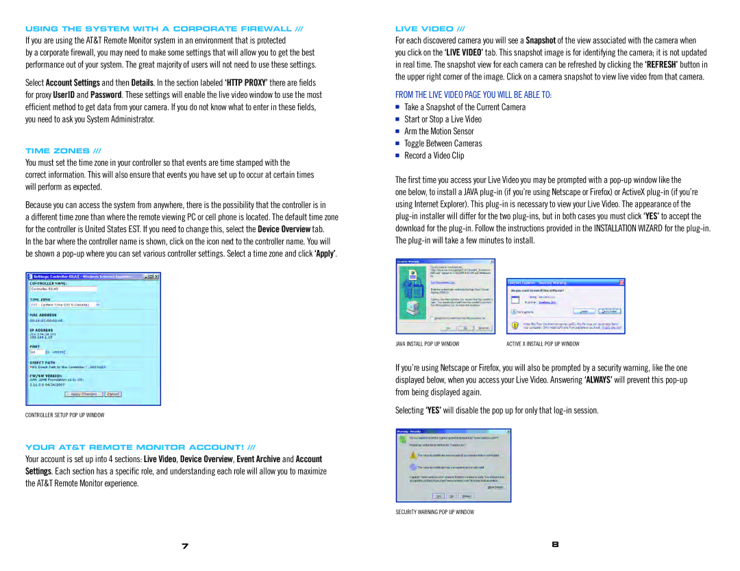 AT&T XG1000 From the Live Video page YOU will be Able to, Using the System with a Corporate Firewall, Time Zones 