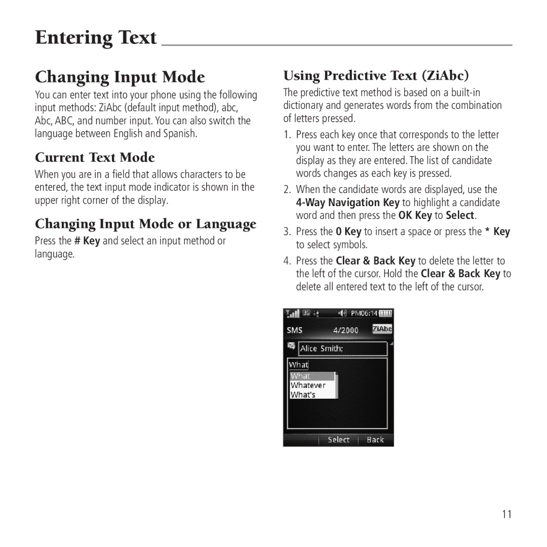 AT&T Z221 user manual Entering Text, Current Text Mode, Changing Input Mode or Language, Using Predictive Text ZiAbc 