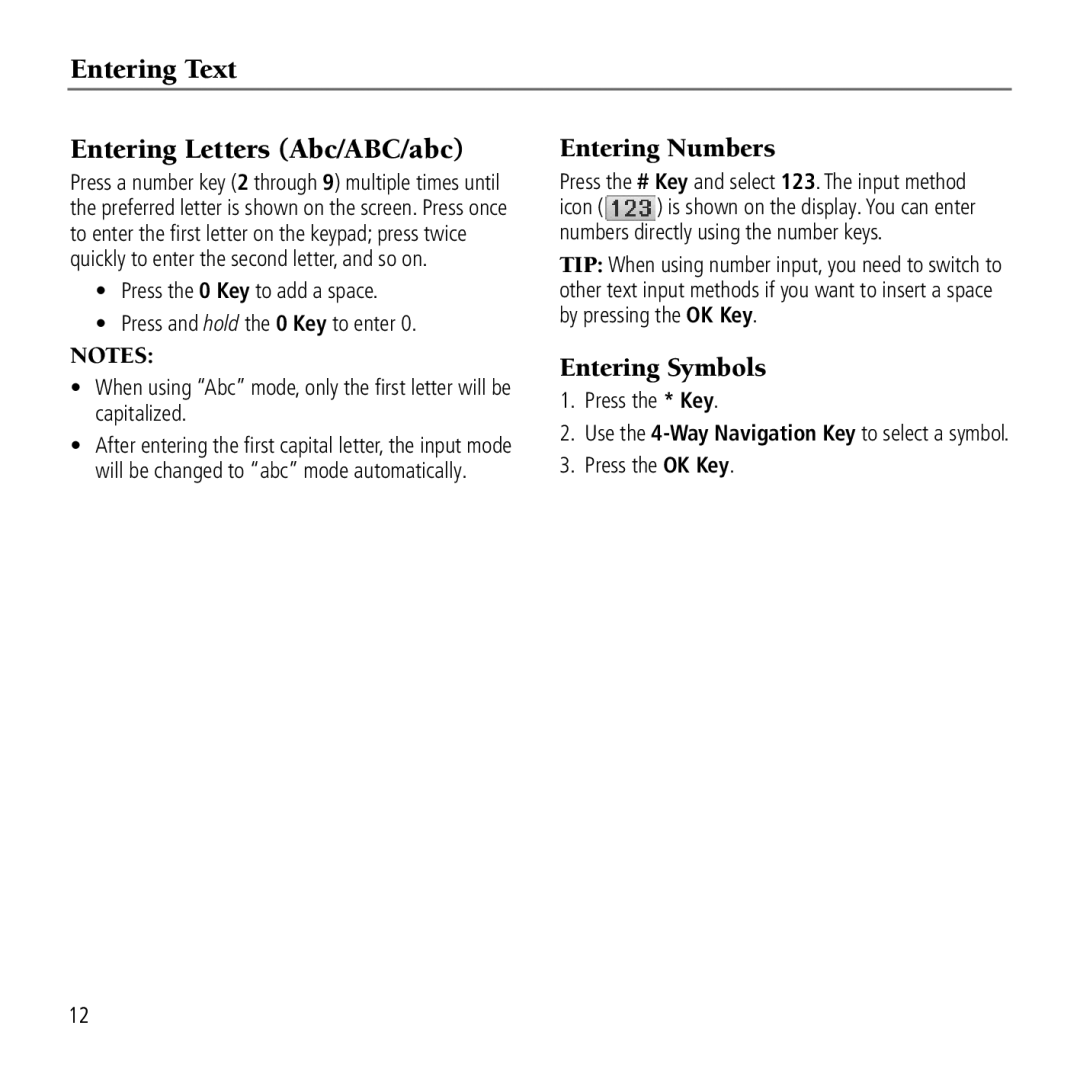 AT&T Z221 Entering Text Entering Letters Abc/ABC/abc, Press the # Key and select 123. The input method, Press the * Key 
