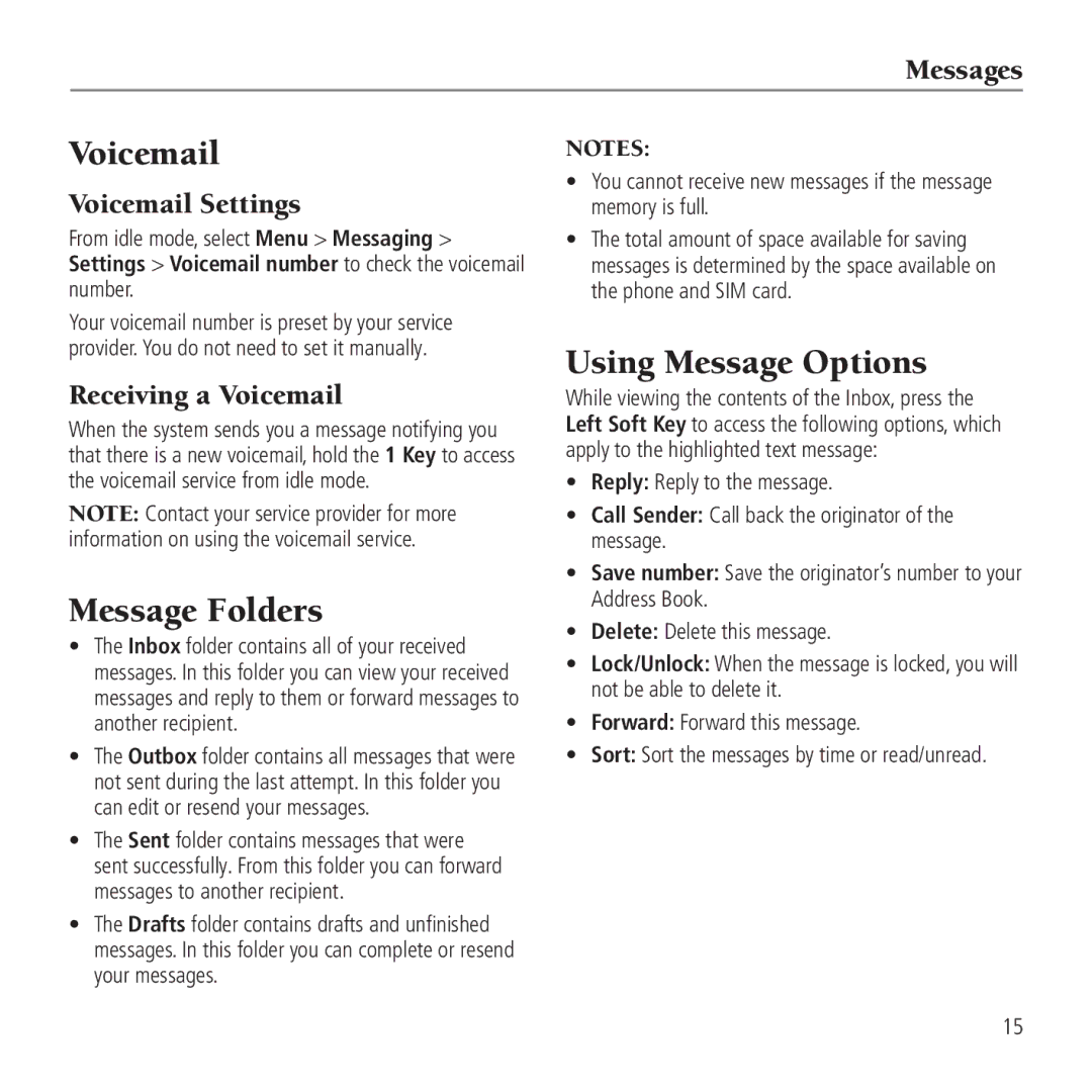 AT&T Z221 user manual Voicemail, Message Folders, Using Message Options 