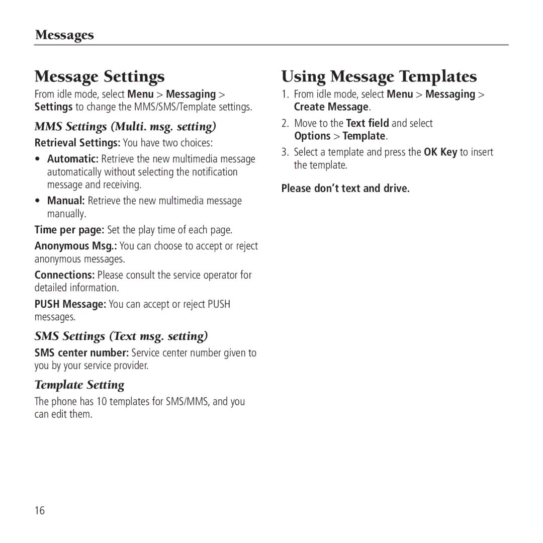 AT&T Z221 user manual Message Settings, Using Message Templates, Phone has 10 templates for SMS/MMS, and you can edit them 