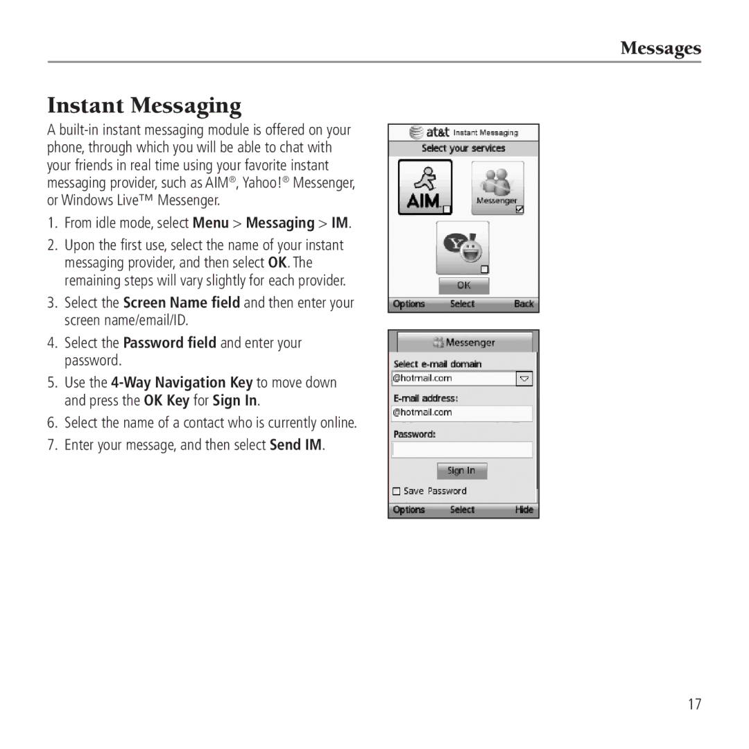 AT&T Z221 user manual Instant Messaging, From idle mode, select Menu Messaging IM 