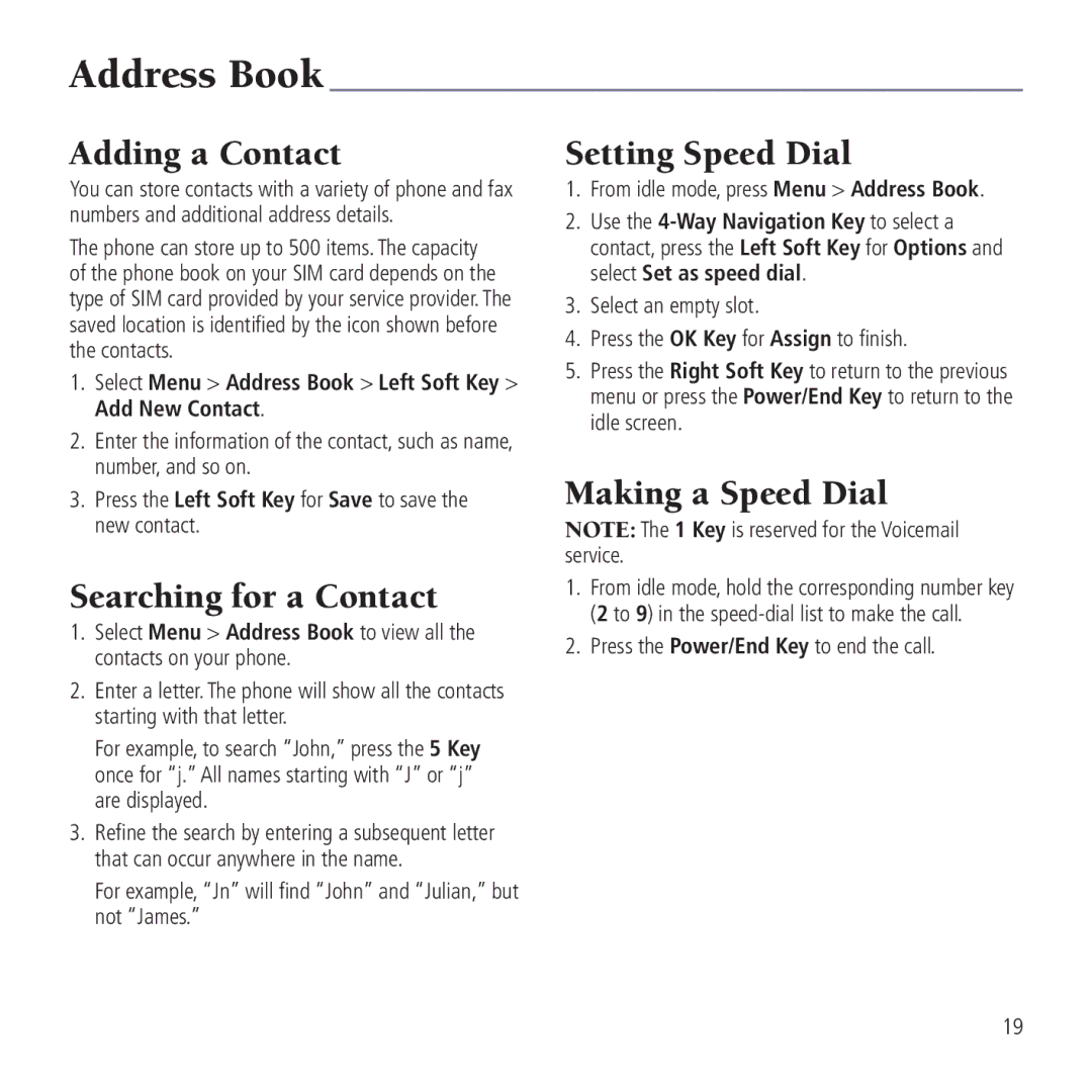 AT&T Z221 user manual Address Book, Adding a Contact, Searching for a Contact, Setting Speed Dial, Making a Speed Dial 