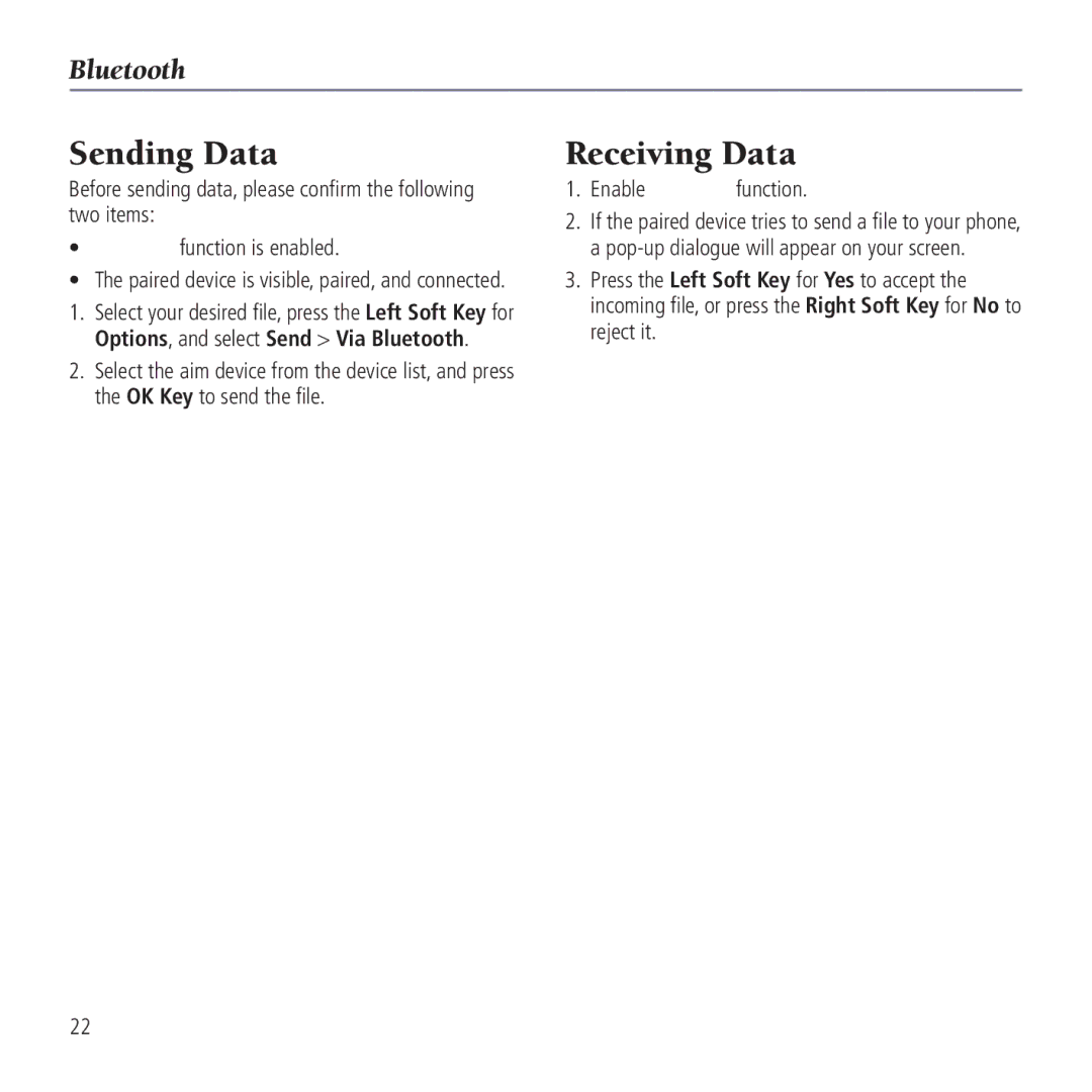 AT&T Z221 user manual Sending Data, Receiving Data, Enable Bluetooth function 