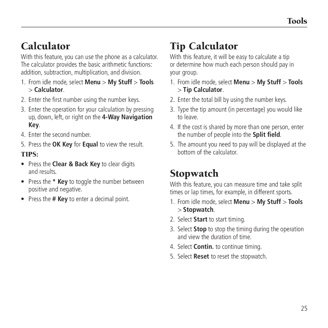 AT&T Z221 user manual Tip Calculator, Stopwatch, Tools 