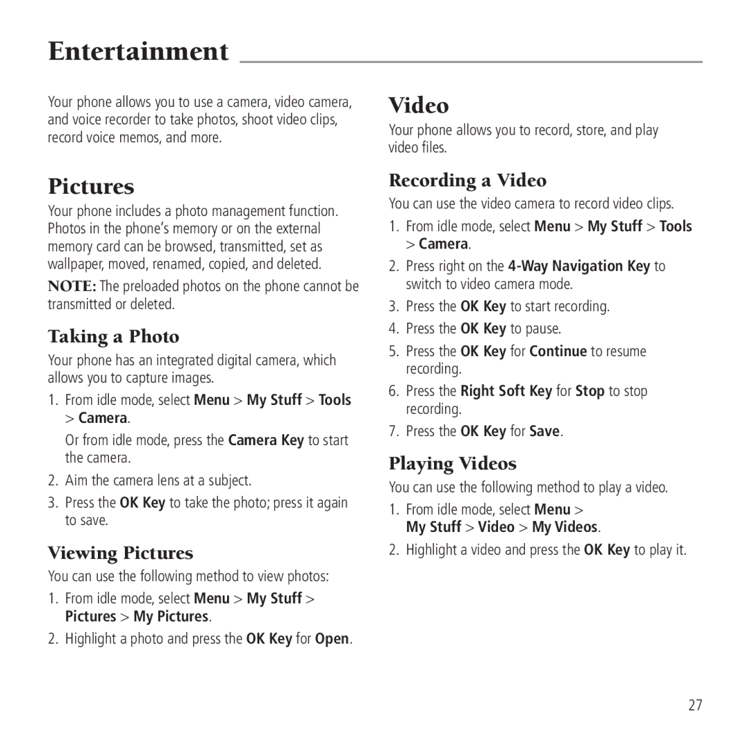 AT&T Z221 user manual Entertainment, Pictures, Video 