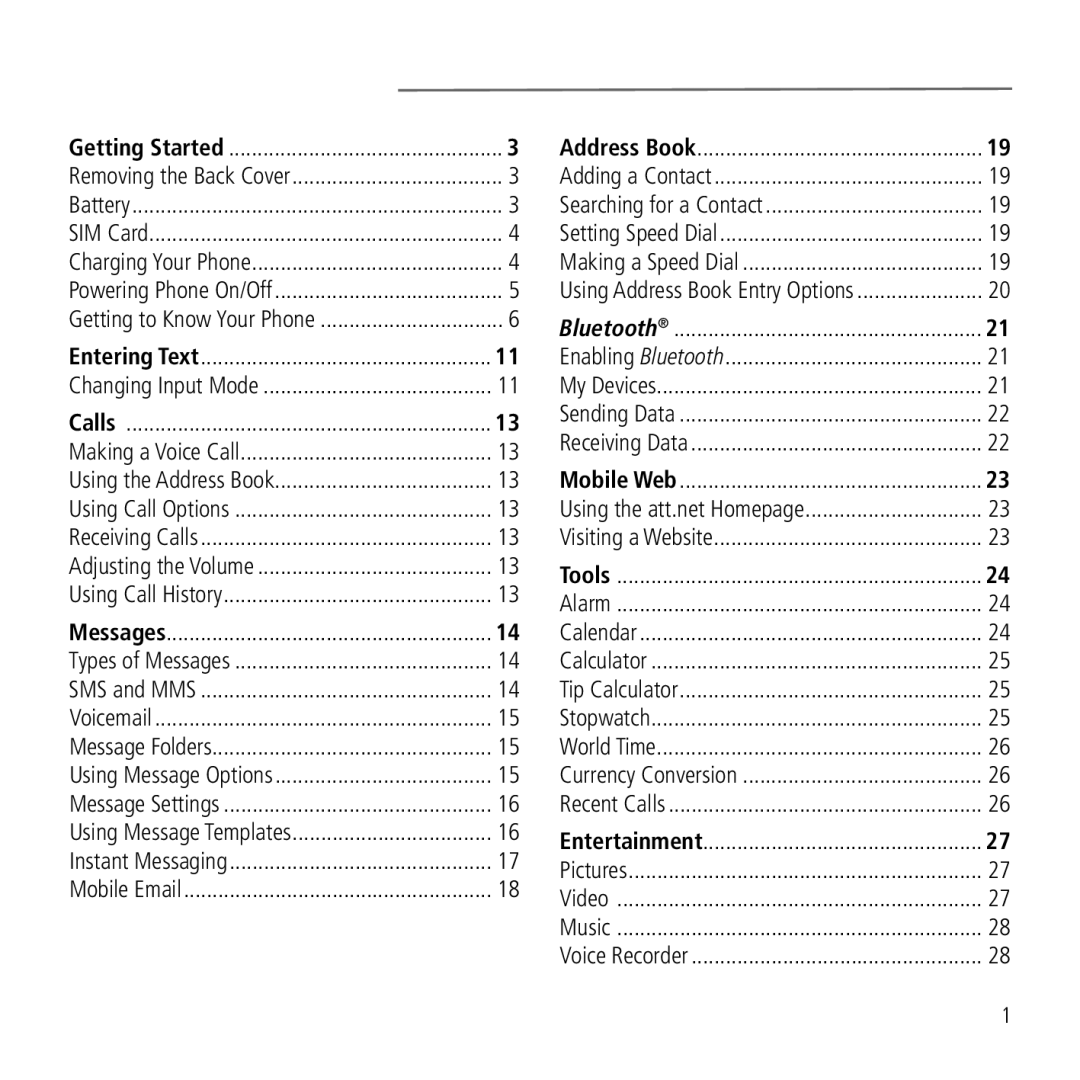 AT&T Z221 user manual Table of Contents 