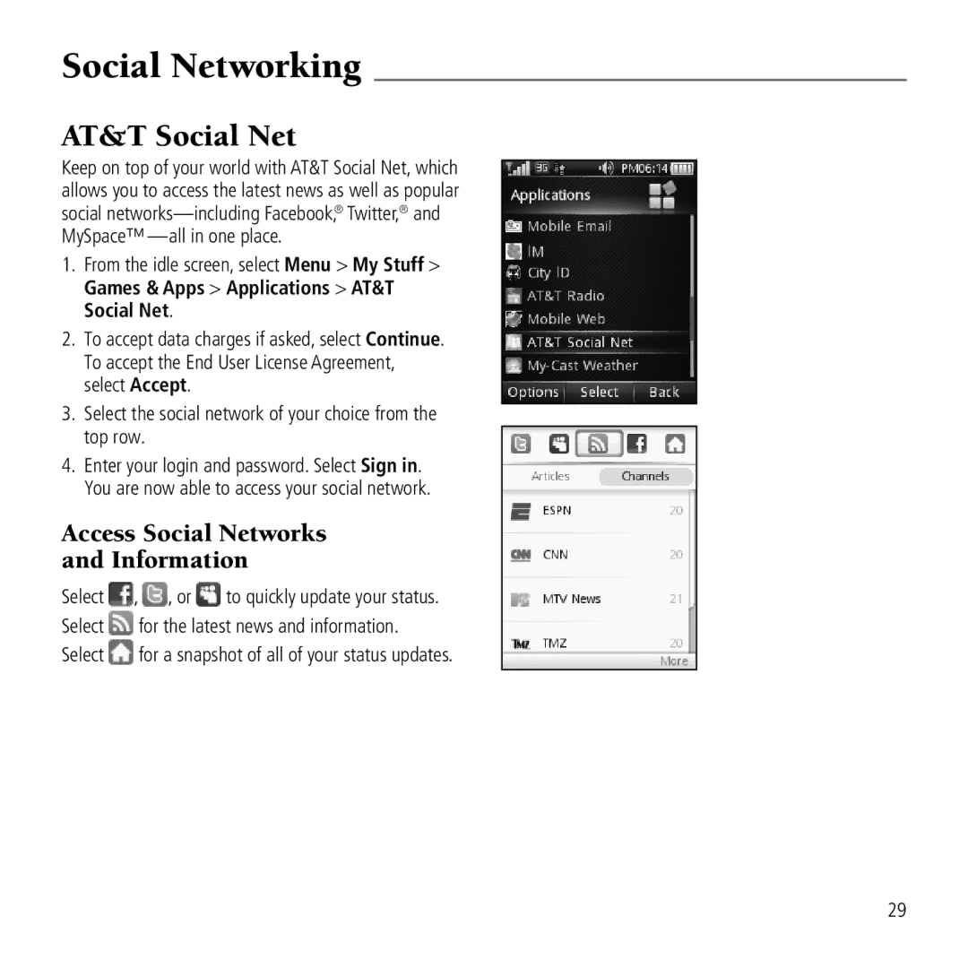 AT&T Z221 user manual Social Networking, AT&T Social Net, Access Social Networks and Information 