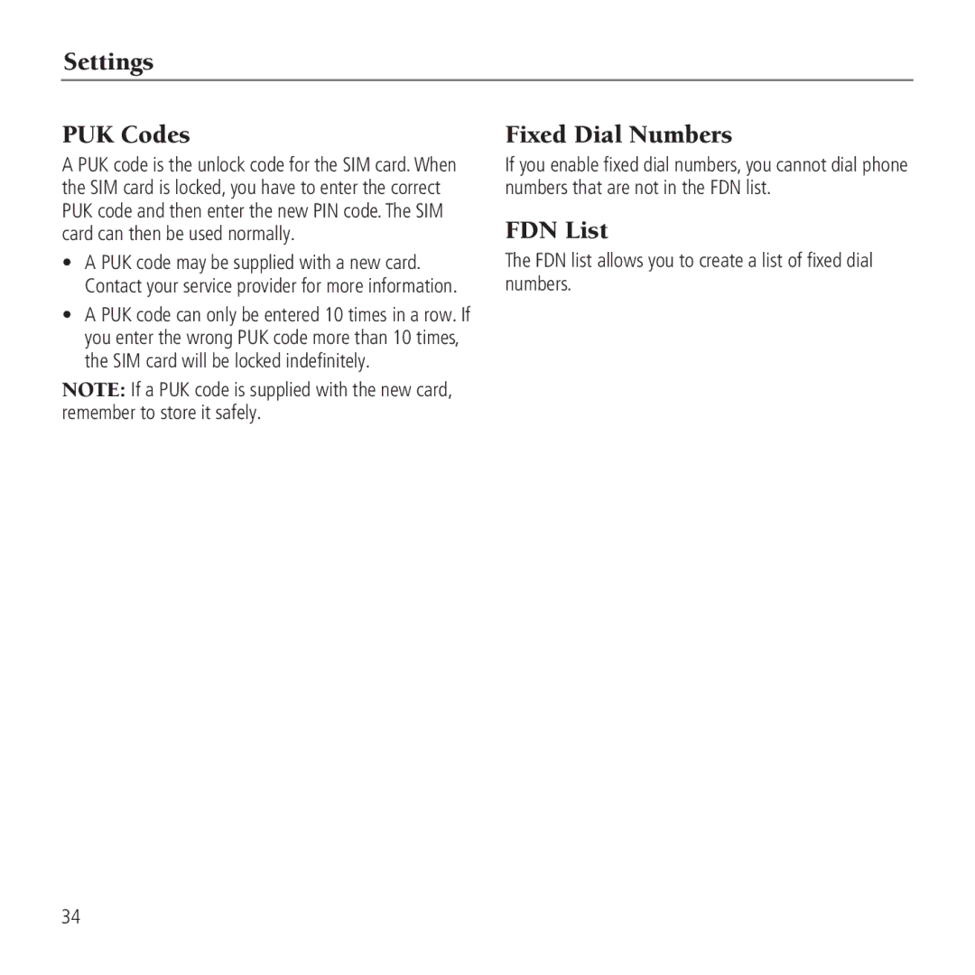 AT&T Z221 Settings PUK Codes, Fixed Dial Numbers, FDN List, FDN list allows you to create a list of fixed dial numbers 