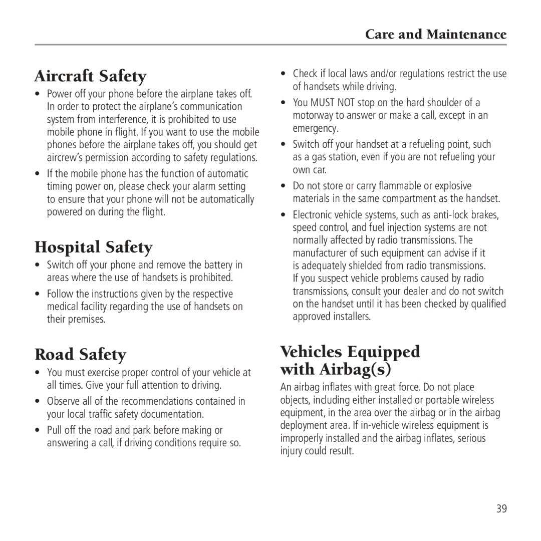 AT&T Z221 user manual Aircraft Safety, Hospital Safety, Road Safety, Vehicles Equipped with Airbags 