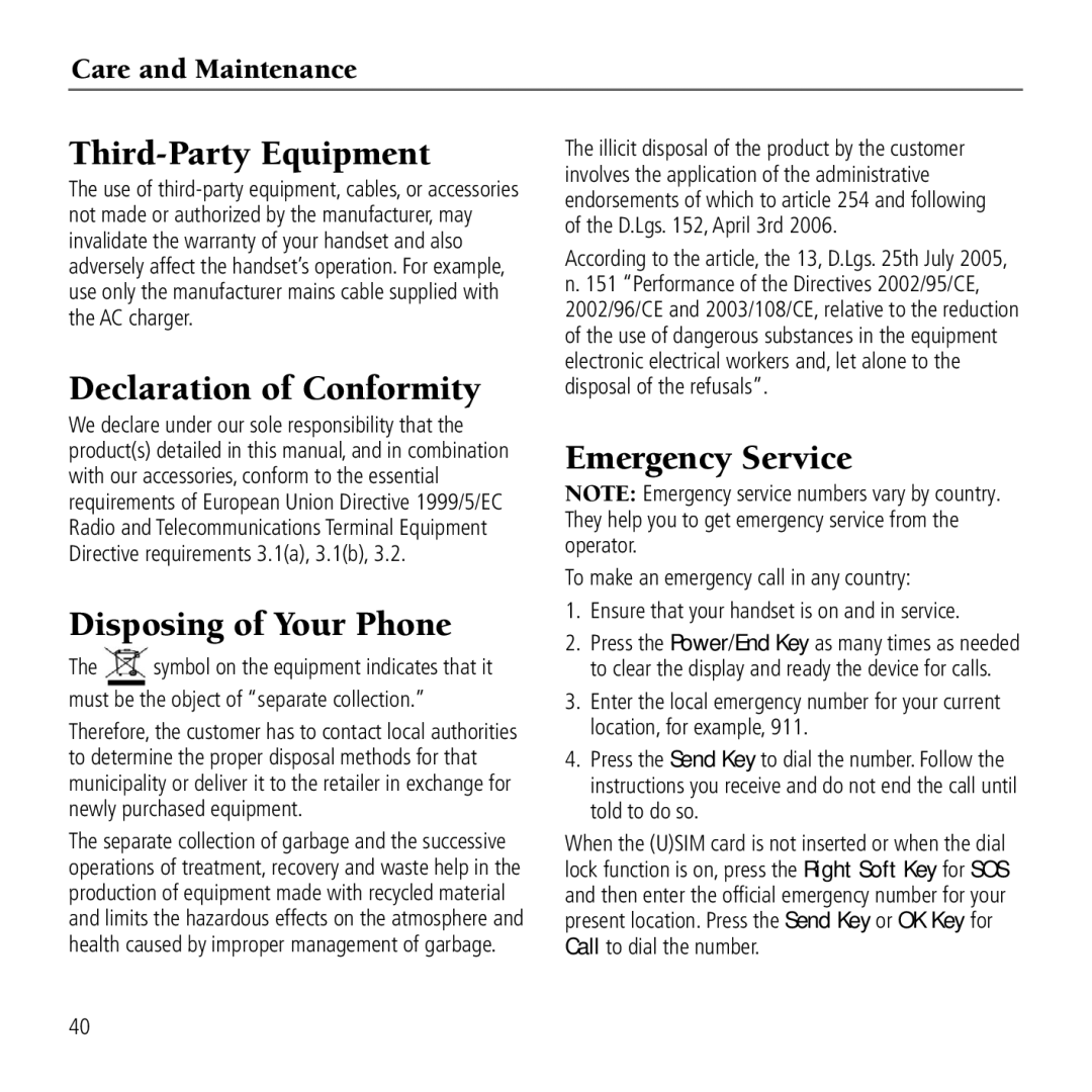 AT&T Z221 user manual Third-Party Equipment, Declaration of Conformity, Disposing of Your Phone, Emergency Service 