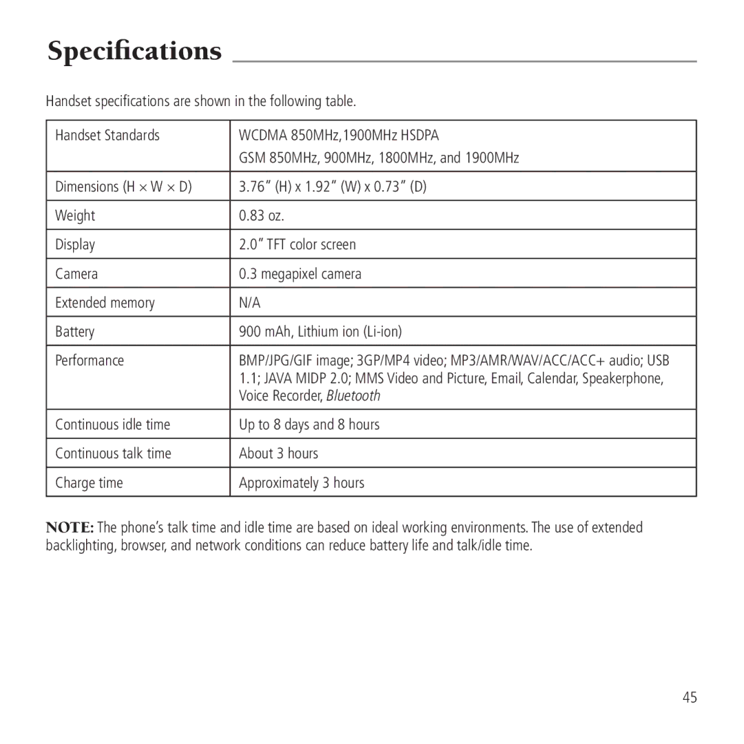 AT&T Z221 user manual Specifications, Voice Recorder, Bluetooth 