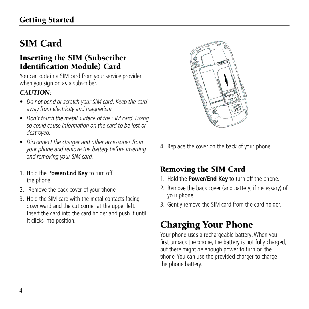 AT&T Z221 SIM Card, Charging Your Phone, Getting Started, Inserting the SIM Subscriber Identification Module Card 