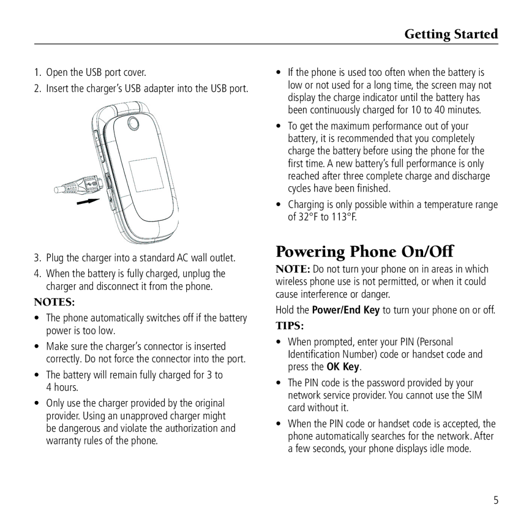 AT&T Z221 user manual Powering Phone On/Off, Open the USB port cover, Plug the charger into a standard AC wall outlet 