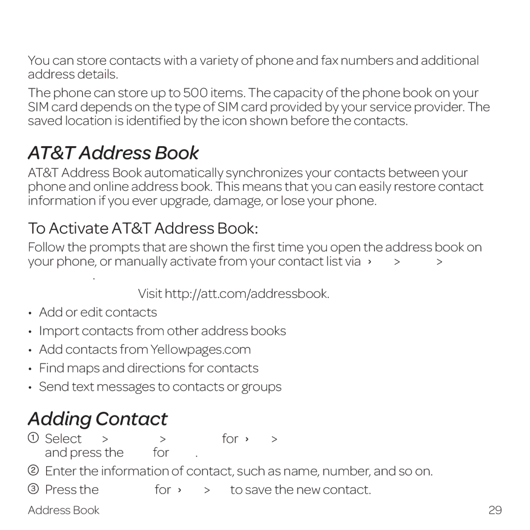 AT&T Z331 manual Adding Contact, To Activate AT&T Address Book 