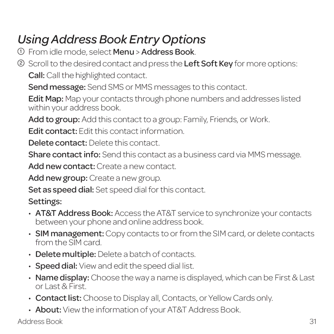 AT&T Z331 manual Using Address Book Entry Options 