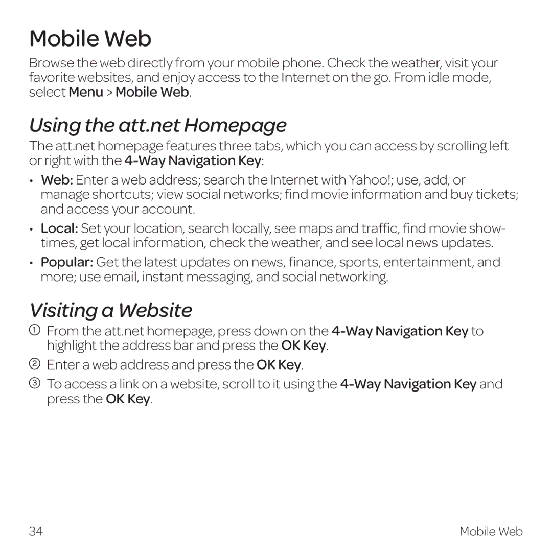 AT&T Z331 manual Mobile Web, Using the att.net Homepage, Visiting a Website 