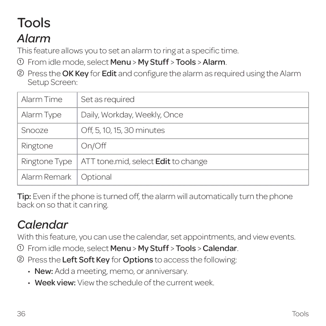 AT&T Z331 manual Tools, Alarm, Calendar 