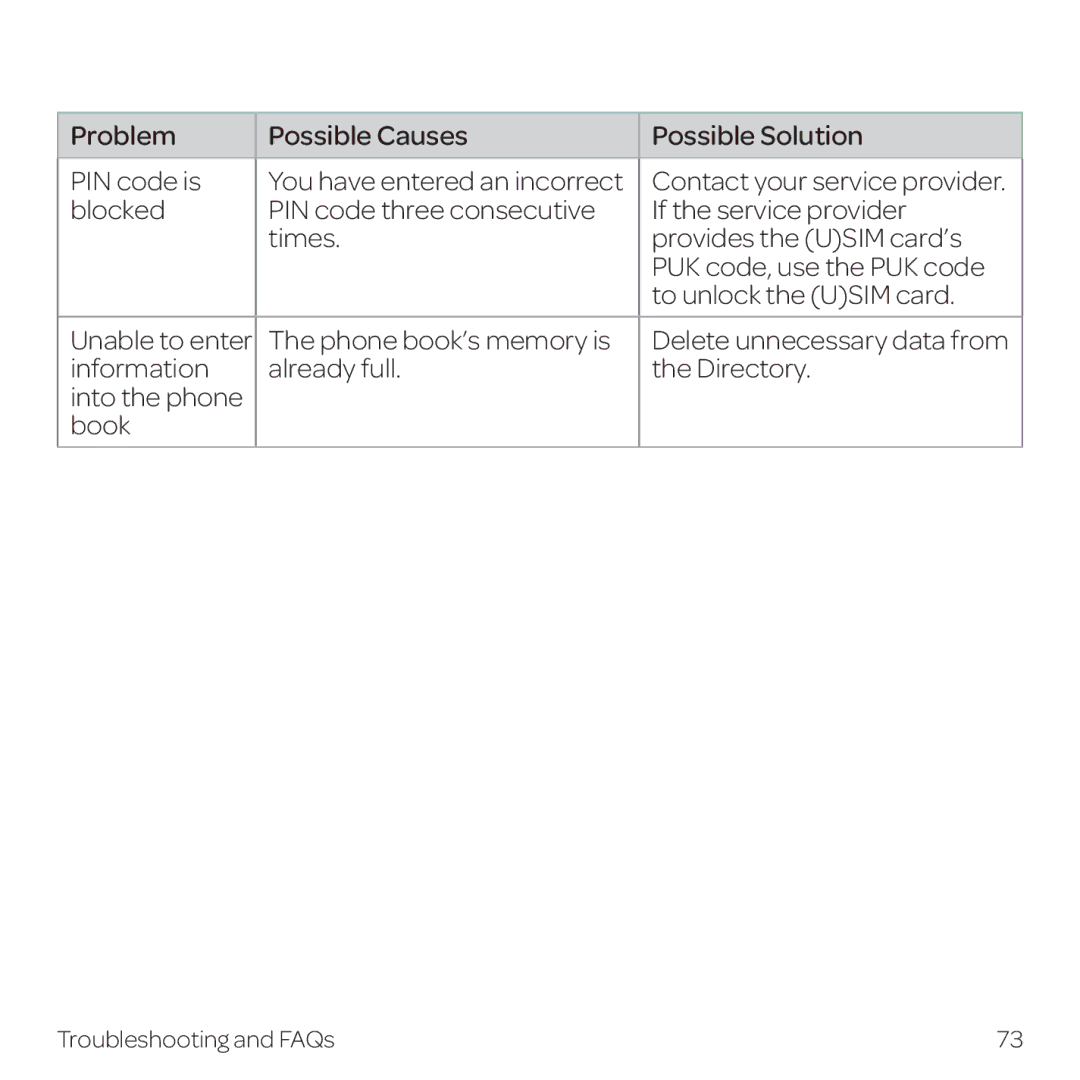 AT&T Z331 manual Problem Possible Causes Possible Solution PIN code is 