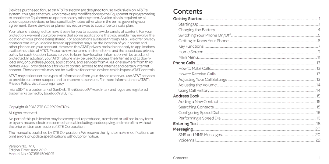 AT&T Z431 manual Contents 