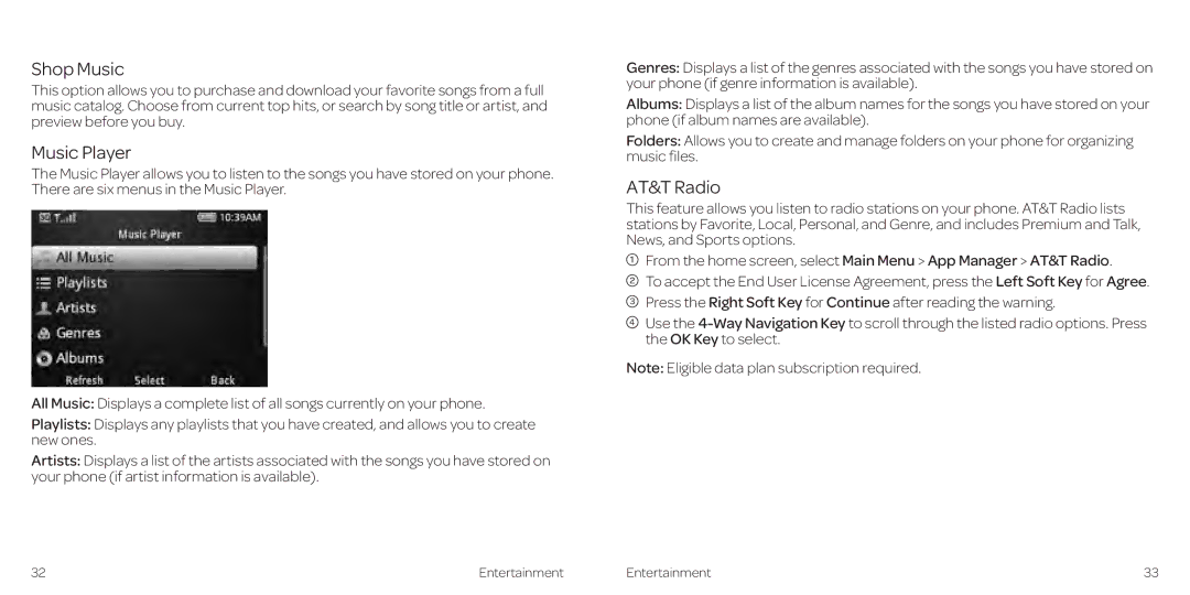 AT&T Z431 manual Shop Music, Music Player, AT&T Radio 