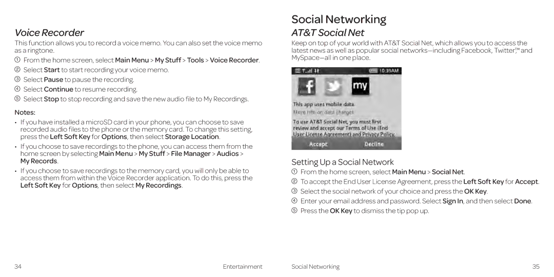 AT&T Z431 manual Social Networking, Voice Recorder, AT&T Social Net, Setting Up a Social Network 