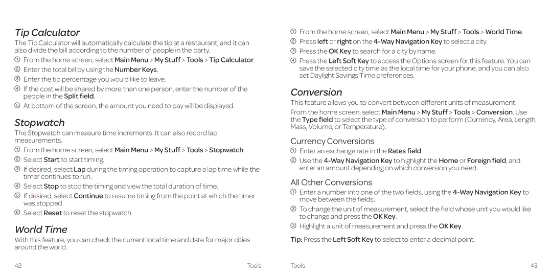 AT&T Z431 manual Tip Calculator, Stopwatch, World Time, Conversion 