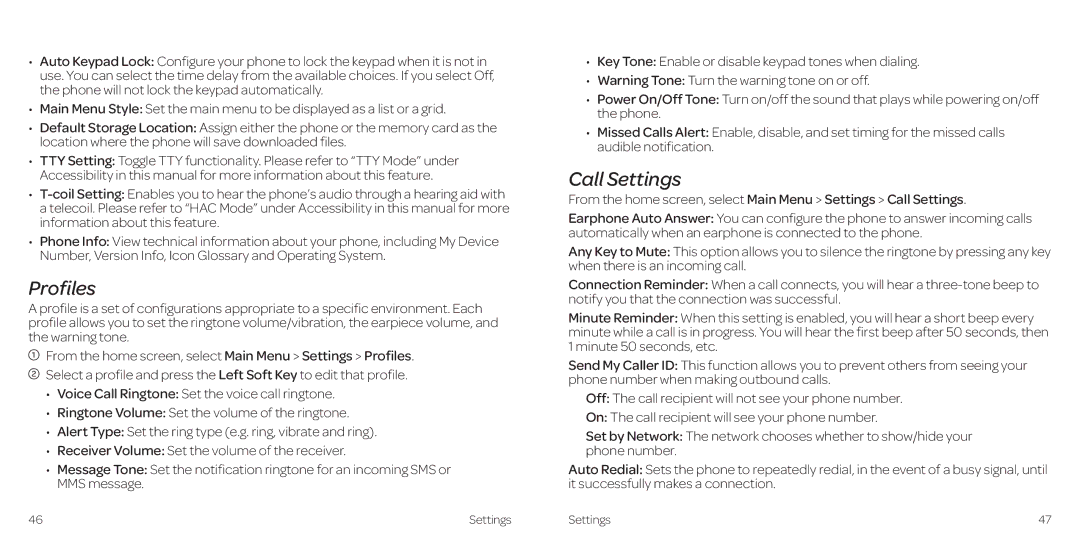 AT&T Z431 manual Profiles, Call Settings 