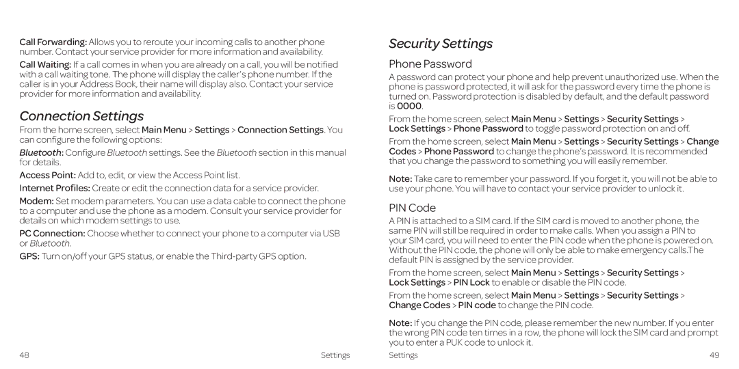 AT&T Z431 manual Connection Settings, Security Settings, Phone Password, PIN Code 
