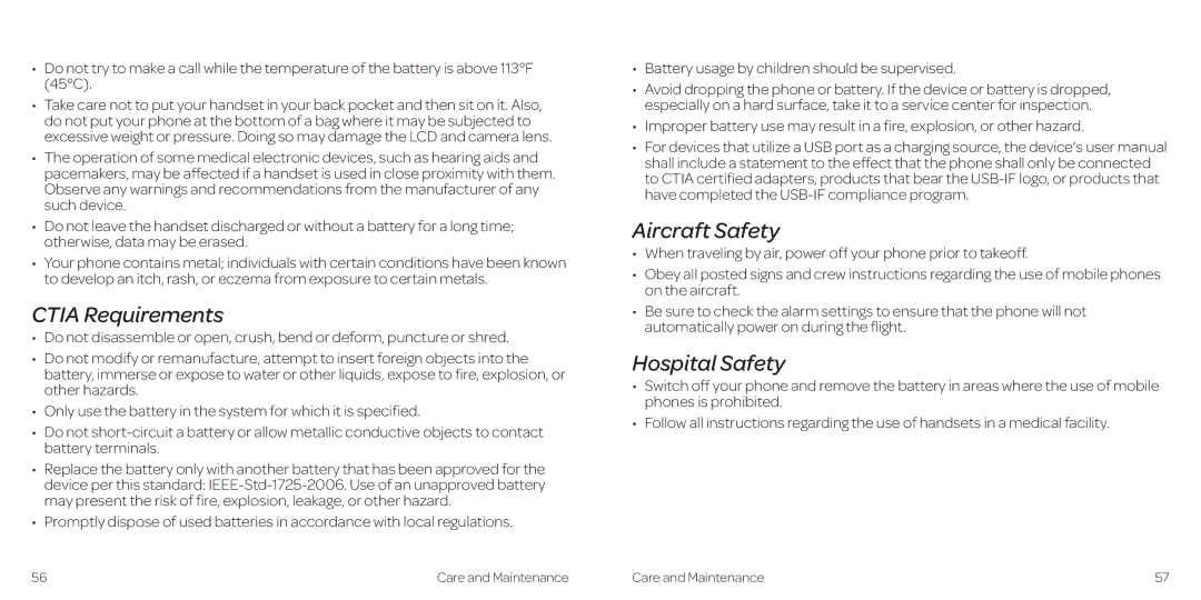 AT&T Z431 manual Ctia Requirements, Aircraft Safety, Hospital Safety, Battery usage by children should be supervised 