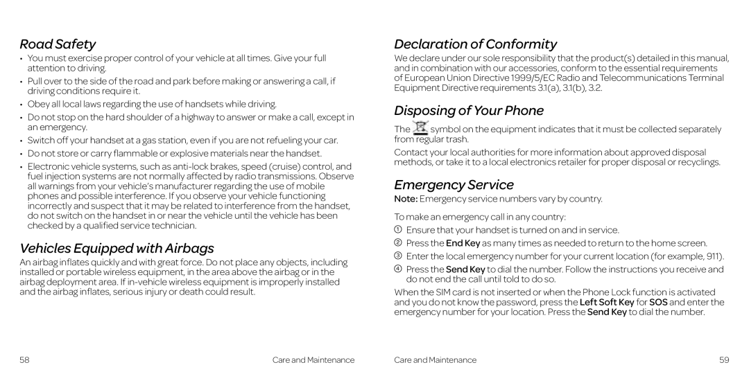 AT&T Z431 manual Road Safety, Vehicles Equipped with Airbags, Declaration of Conformity, Disposing of Your Phone 