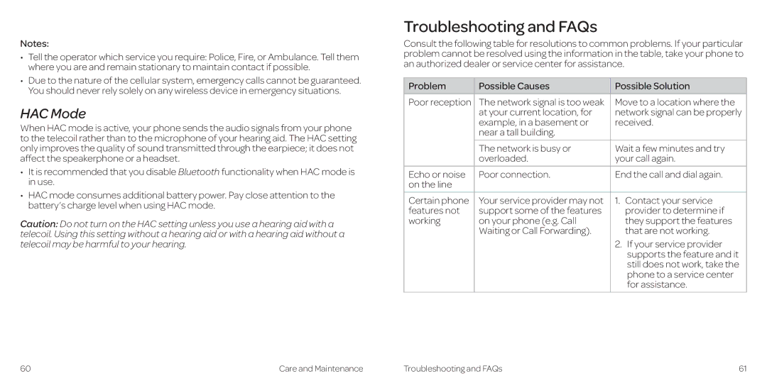 AT&T Z431 manual Troubleshooting and FAQs, HAC Mode 