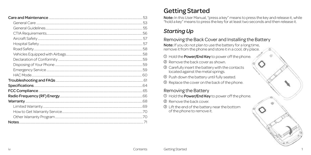 AT&T Z431 manual Getting Started, Starting Up, Removing the Back Cover and Installing the Battery, Removing the Battery 