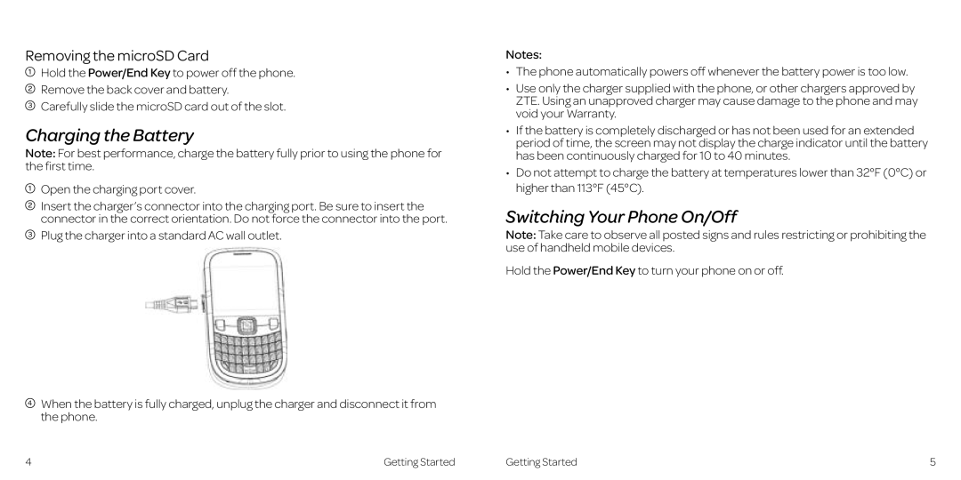 AT&T Z431 manual Charging the Battery, Switching Your Phone On/Off, Removing the microSD Card, Open the charging port cover 