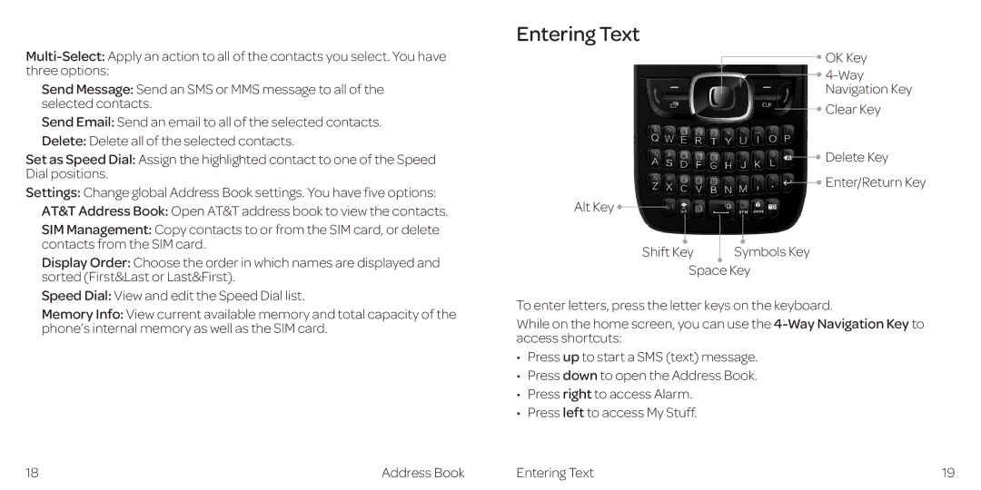 AT&T Z432 manual Entering Text 