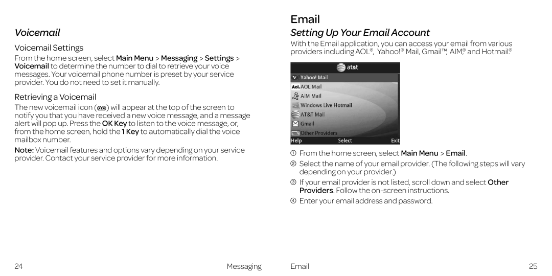 AT&T Z432 manual Setting Up Your Email Account, Voicemail Settings, Retrieving a Voicemail 