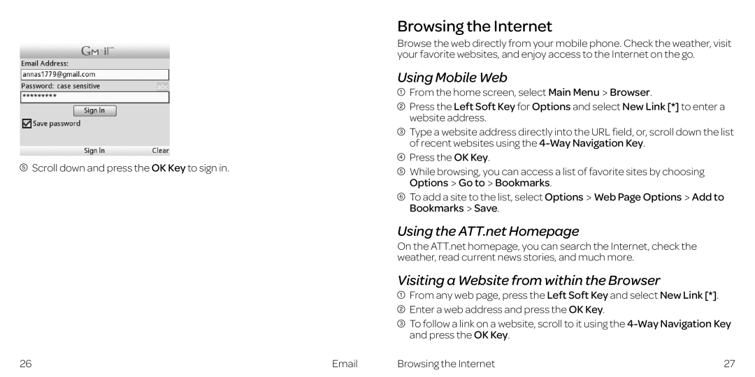 AT&T Z432 Browsing the Internet, Using Mobile Web, Using the ATT.net Homepage, Visiting a Website from within the Browser 