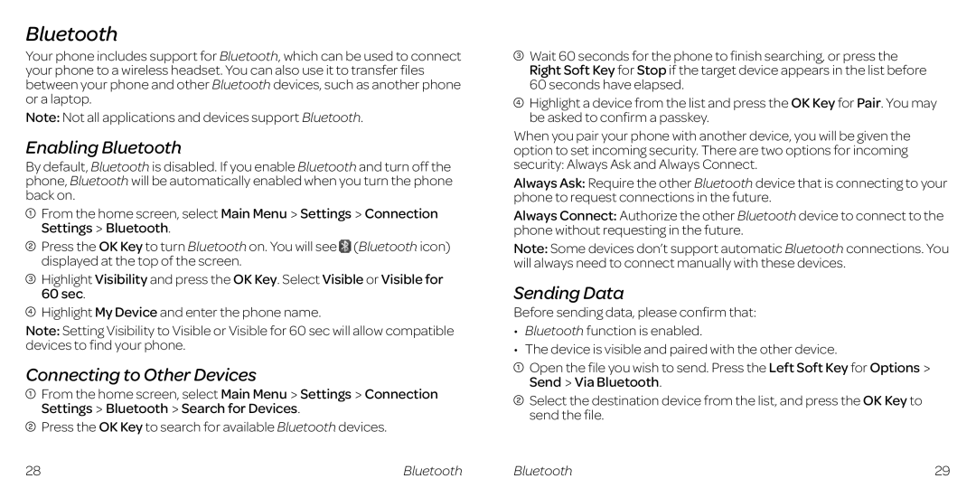 AT&T Z432 manual Enabling Bluetooth, Connecting to Other Devices, Sending Data 