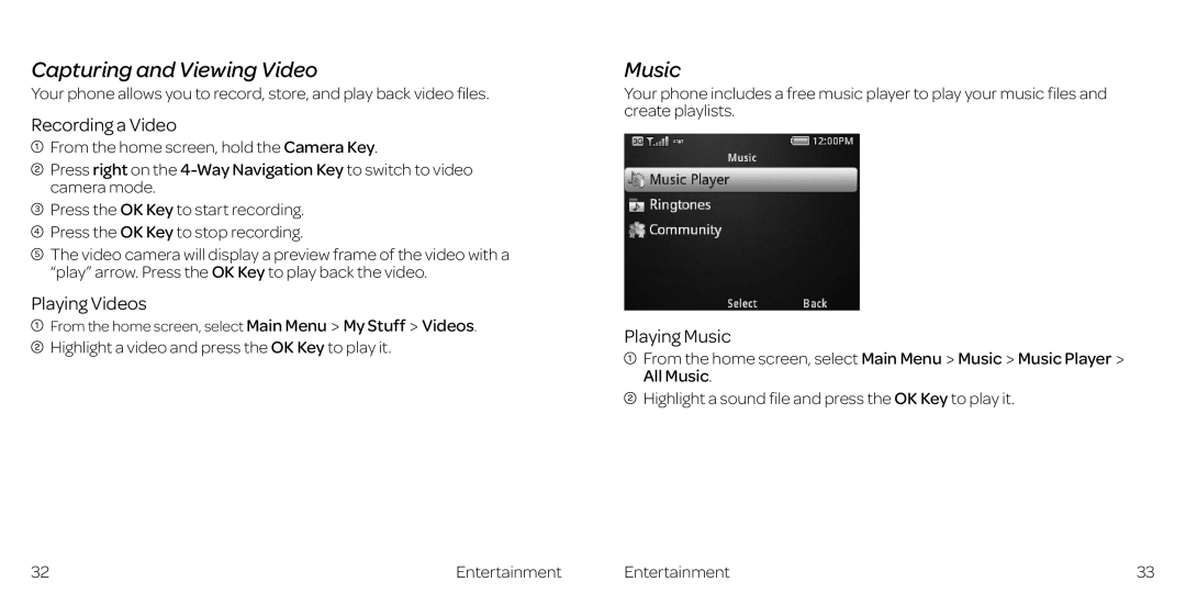 AT&T Z432 manual Capturing and Viewing Video, Recording a Video, Playing Videos, Playing Music 