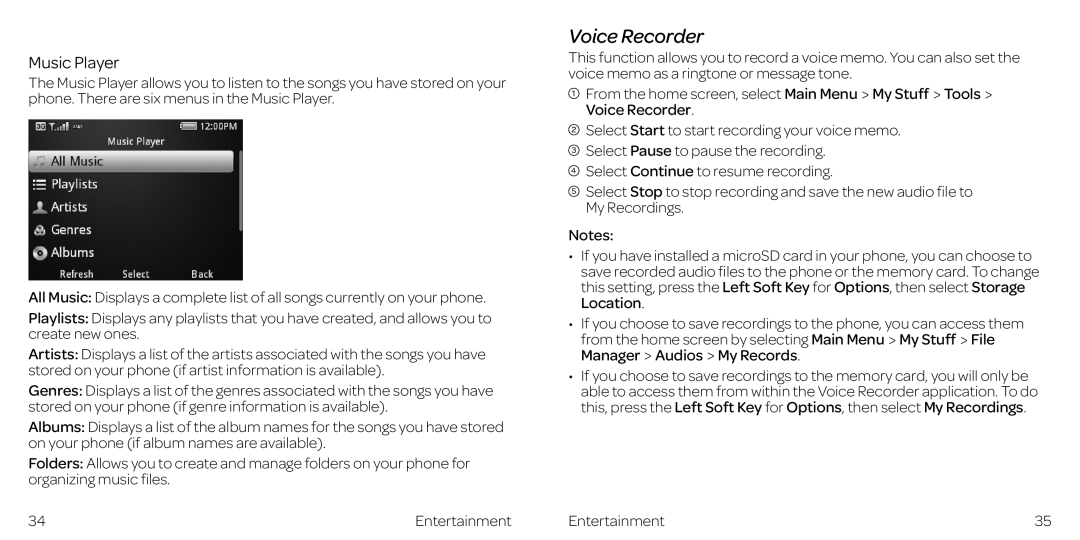 AT&T Z432 manual Voice Recorder, Music Player 