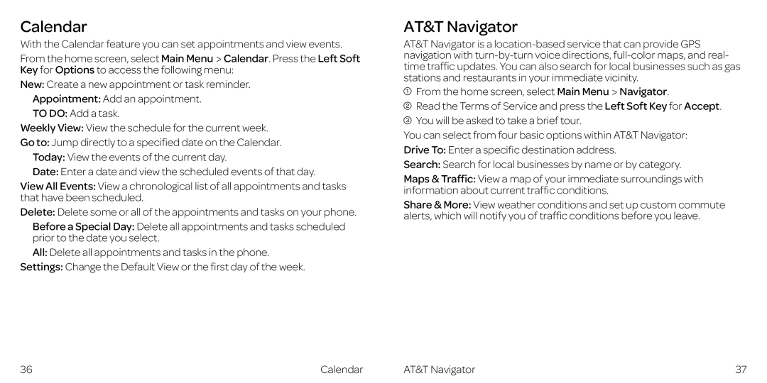 AT&T Z432 manual Calendar AT&T Navigator 