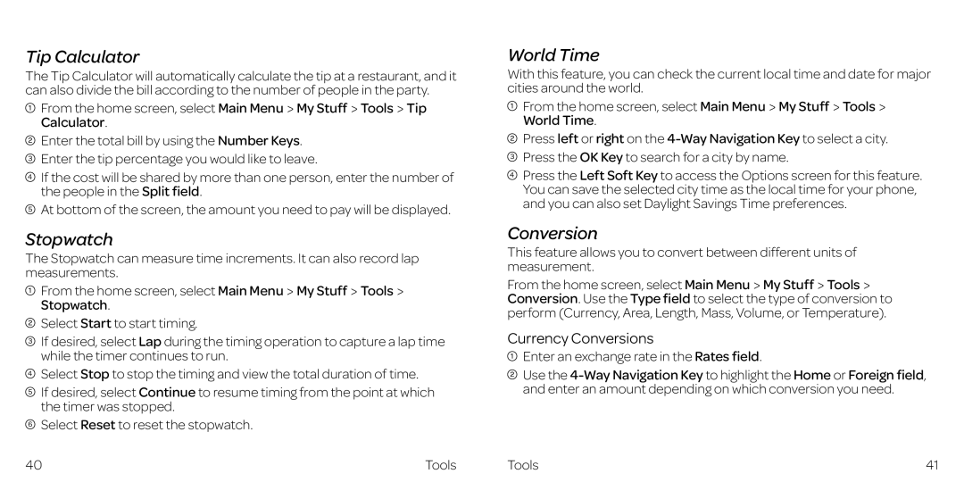 AT&T Z432 manual Tip Calculator, Stopwatch, World Time, Currency Conversions 