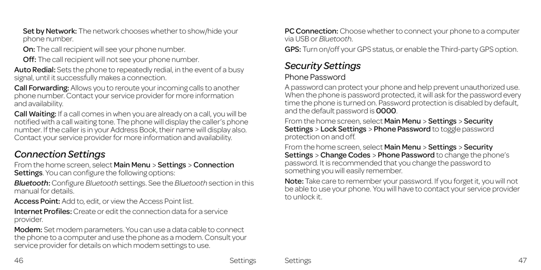 AT&T Z432 manual Connection Settings, Security Settings, Phone Password 