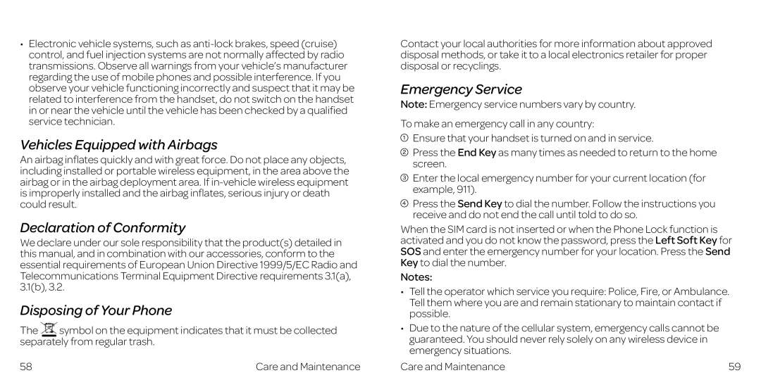 AT&T Z432 manual Vehicles Equipped with Airbags, Declaration of Conformity, Disposing of Your Phone, Emergency Service 